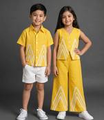 Yellow embroidered cotton co-ord set brother sister matching combo