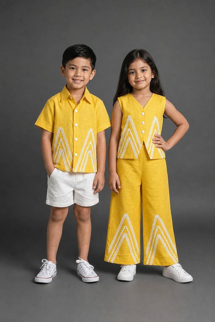 Yellow embroidered cotton co-ord set brother sister matching combo