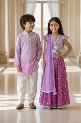 Purple embroidered chanderi lehenga choli & kurta pyjama brother sister matching combo