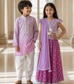 Purple embroidered chanderi lehenga choli & kurta pyjama brother sister matching combo