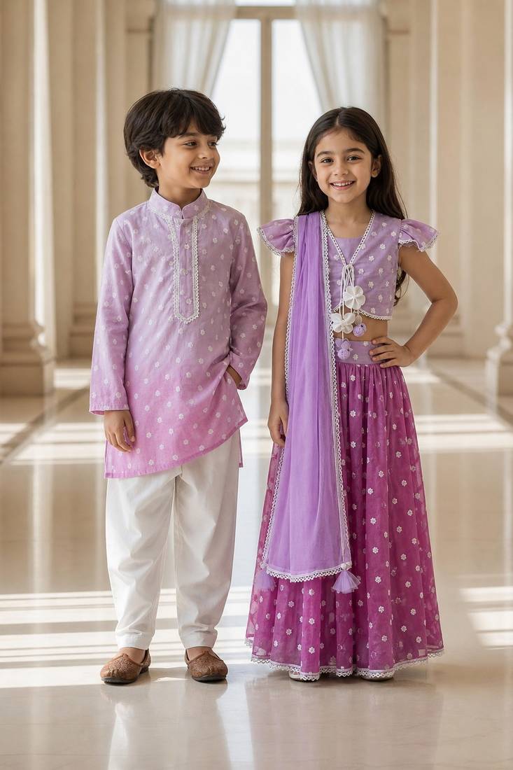 Purple embroidered chanderi lehenga choli & kurta pyjama brother sister matching combo
