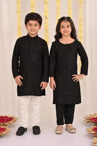 Black embroidered blended cotton kurta set & kurta pyjama brother sister matching combo