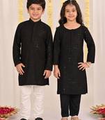 Black embroidered blended cotton kurta set & kurta pyjama brother sister matching combo
