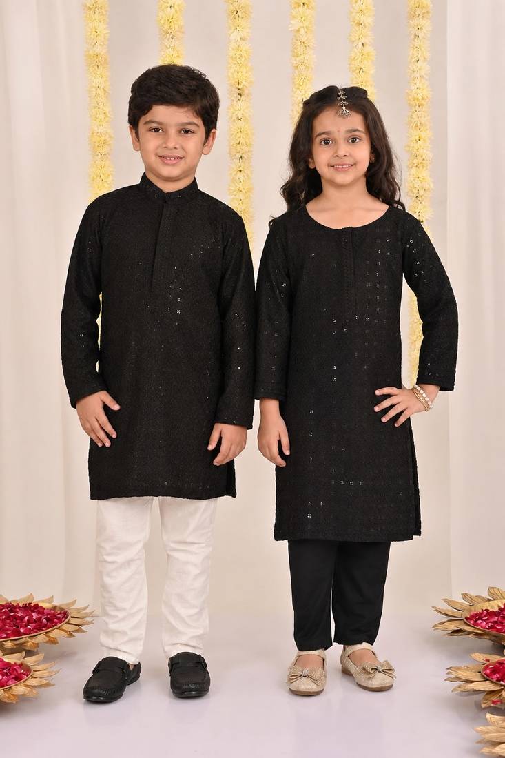 Black embroidered blended cotton kurta set & kurta pyjama brother sister matching combo