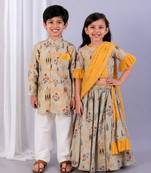 Multicolor & beige printed cotton silk lehenga choli & kurta pyjama brother sister matching combo
