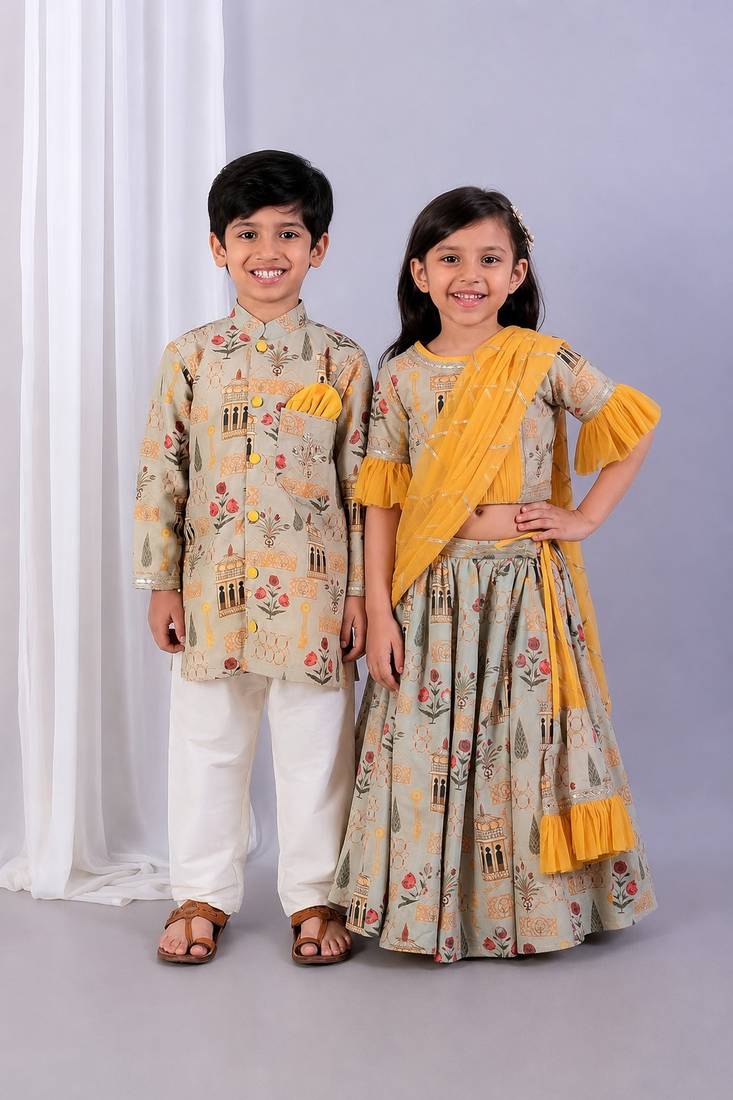 Multicolor & beige printed cotton silk lehenga choli & kurta pyjama brother sister matching combo