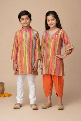 Multicolor embroidered cotton dhoti kurta set & kurta pyjama brother sister matching combo 1
