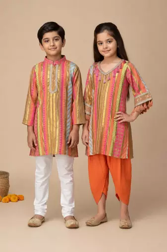 Multicolor embroidered cotton dhoti kurta set & kurta pyjama brother sister matching combo