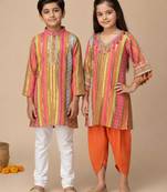 Multicolor embroidered cotton dhoti kurta set & kurta pyjama brother sister matching combo