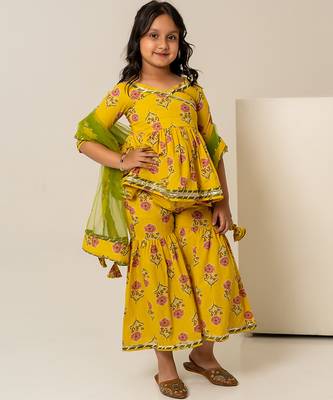 Mustard yellow printed cotton sharara set & co-ord set brother sister matching combo 2