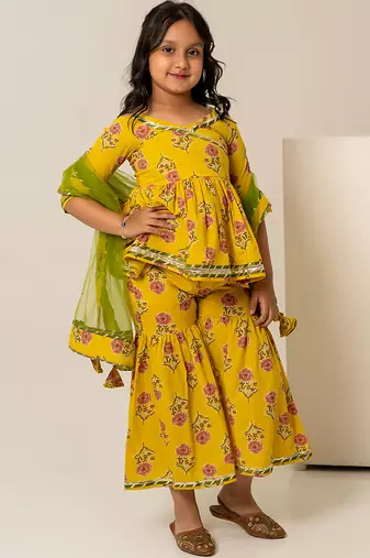 Mustard yellow printed cotton sharara set & co-ord set brother sister matching combo