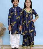 Blue & navy blue printed cotton palazzo set & kurta pyjama brother sister matching combo
