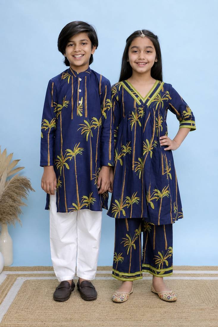 Blue & navy blue printed cotton palazzo set & kurta pyjama brother sister matching combo