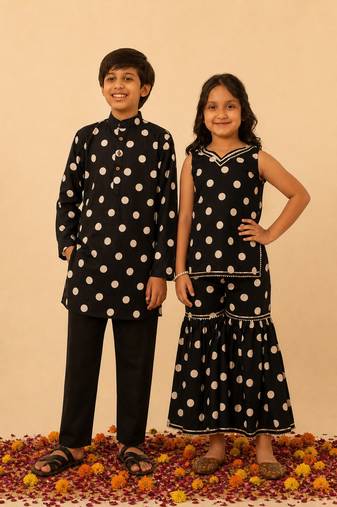 Black printed cotton sharara set & kurta pant brother sister matching combo