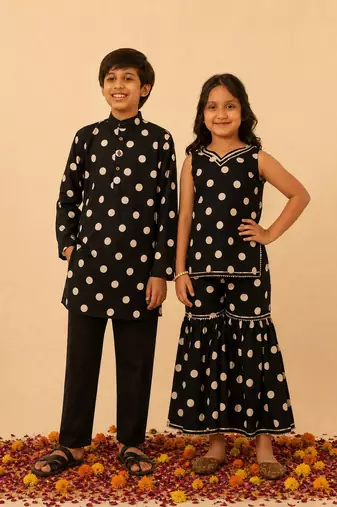 Black printed cotton sharara set & kurta pant brother sister matching combo