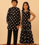 Black printed cotton sharara set & kurta pant brother sister matching combo
