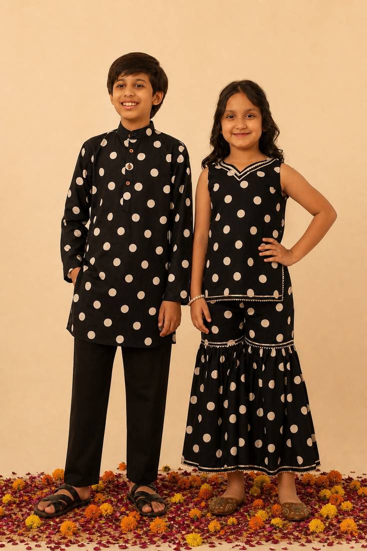 Black printed cotton sharara set & kurta pant brother sister matching combo