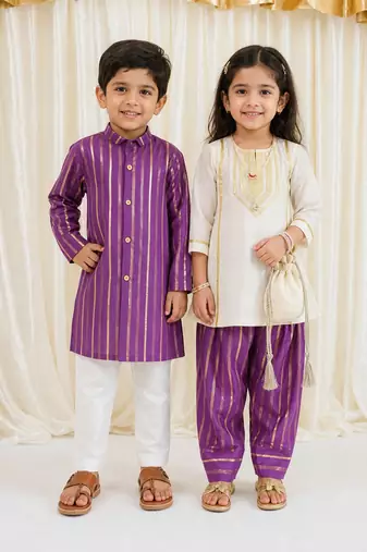 Off white & purple embroidered viscose kurta salwar set & kurta pant brother sister matching combo