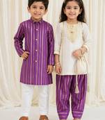 Off white & purple embroidered viscose kurta salwar set & kurta pant brother sister matching combo