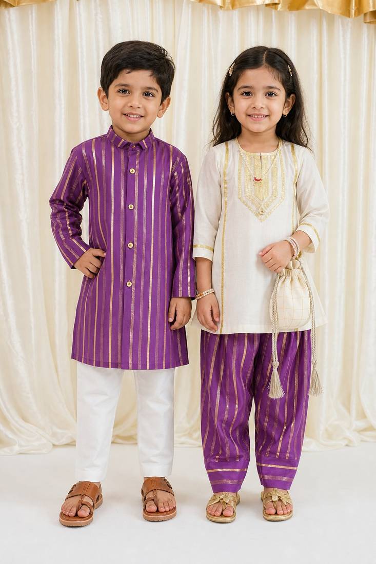 Off white & purple embroidered viscose kurta salwar set & kurta pant brother sister matching combo