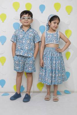 Blue printed cotton skirt set & shirt set brother sister matching combo 1