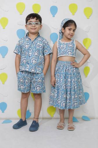 Blue printed cotton skirt set & shirt set brother sister matching combo
