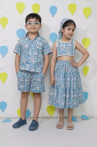 Blue printed cotton skirt set & shirt set brother sister matching combo