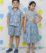 Blue printed cotton skirt set & shirt set brother sister matching combo
