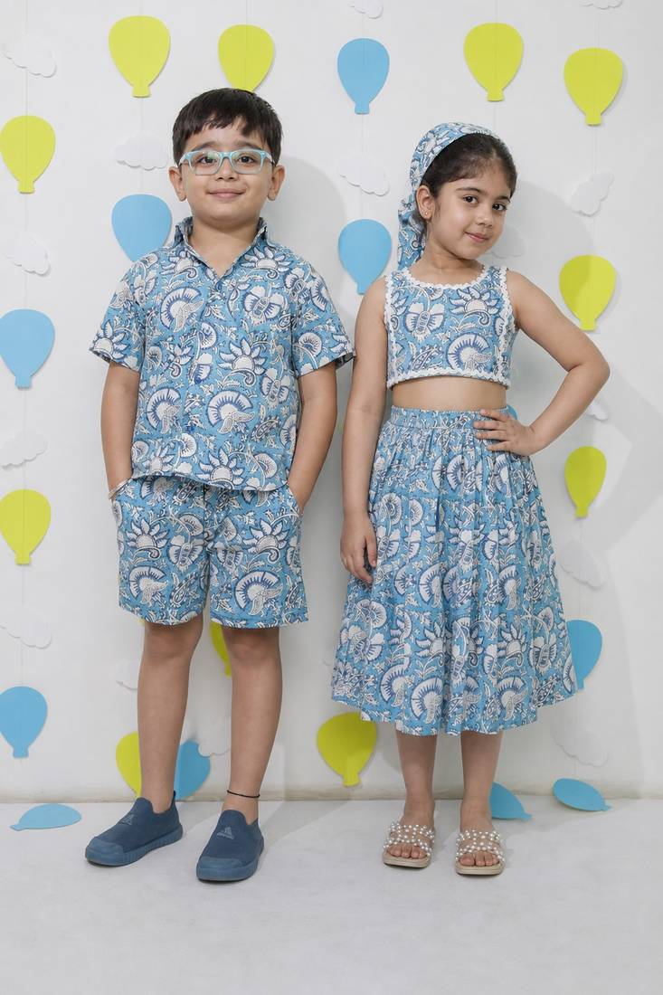 Blue printed cotton skirt set & shirt set brother sister matching combo