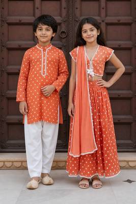 Orange embroidered chanderi lehenga choli & kurta pyjama brother sister matching combo 1