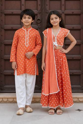 Orange embroidered chanderi lehenga choli & kurta pyjama brother sister matching combo
