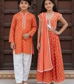 Orange embroidered chanderi lehenga choli & kurta pyjama brother sister matching combo
