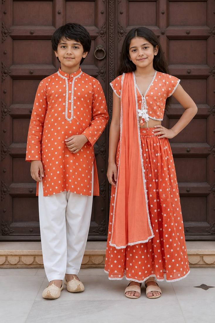 Orange embroidered chanderi lehenga choli & kurta pyjama brother sister matching combo