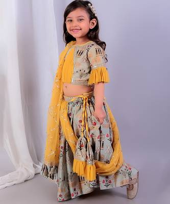 Multicolor & beige printed cotton silk lehenga choli & kurta pyjama brother sister matching combo 2