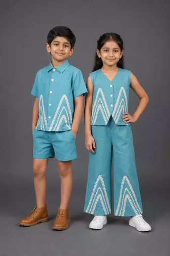 Blue & off white embroidered cotton co-ord set brother sister matching combo