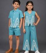 Blue & off white embroidered cotton co-ord set brother sister matching combo
