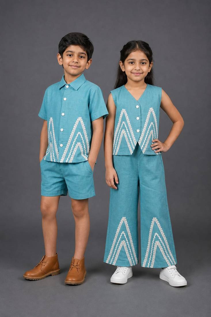 Blue & off white embroidered cotton co-ord set brother sister matching combo
