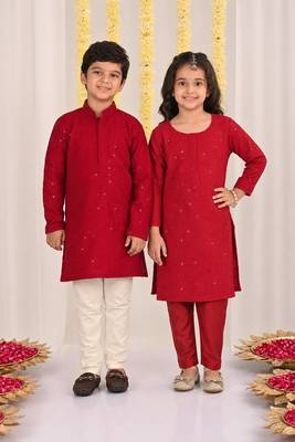 Maroon embroidered blended cotton kurta set & kurta pyjama brother sister matching combo 1