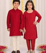 Maroon embroidered blended cotton kurta set & kurta pyjama brother sister matching combo