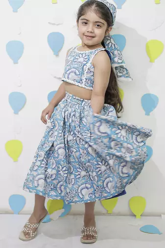 Blue printed cotton skirt set & shirt set brother sister matching combo