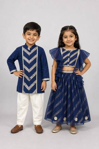 Blue embroidered organza lehenga choli & kurta pyjama brother sister matching combo