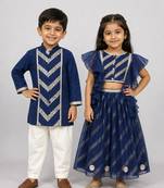 Blue embroidered organza lehenga choli & kurta pyjama brother sister matching combo