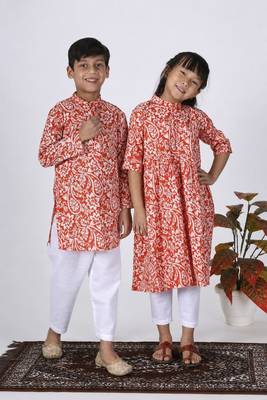 Orange printed cotton kurta set & kurta pant brother sister matching combo 1