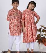 Orange printed cotton kurta set & kurta pant brother sister matching combo