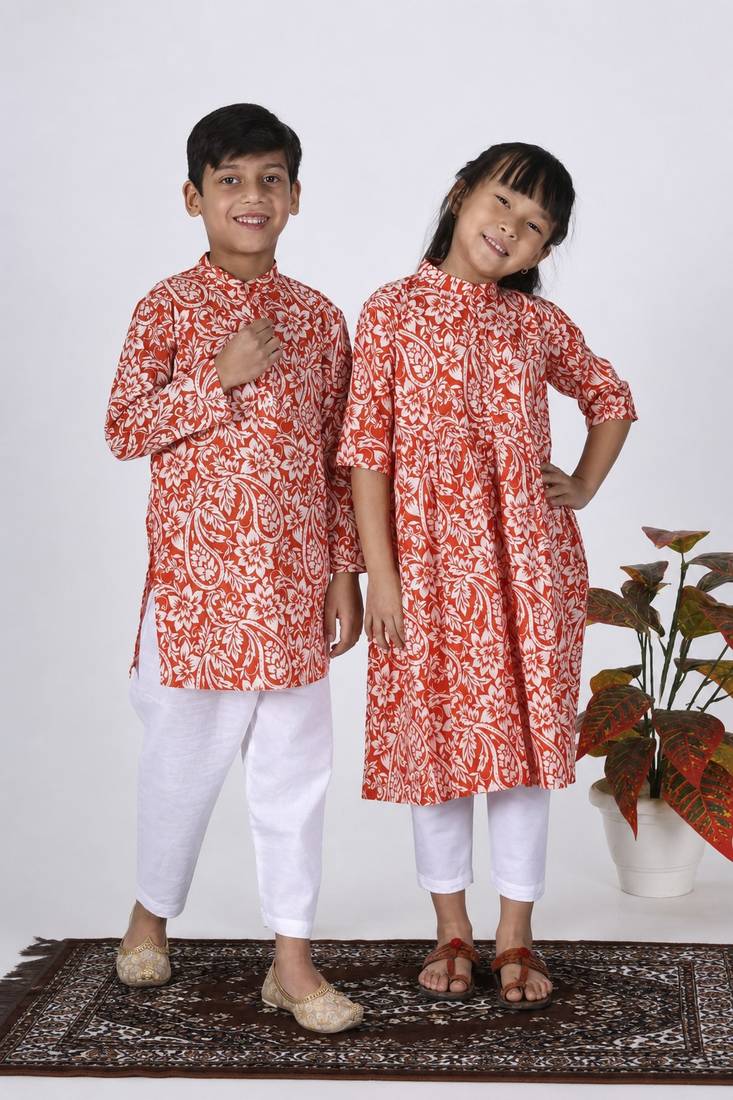Orange printed cotton kurta set & kurta pant brother sister matching combo