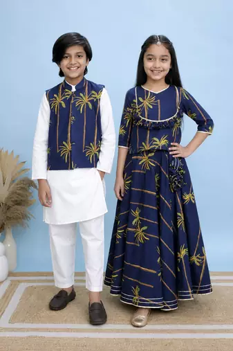 Blue & white printed cotton lehenga choli & kurta jacket brother sister matching combo