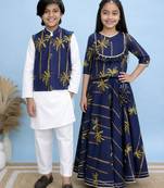 Blue & white printed cotton lehenga choli & kurta jacket brother sister matching combo