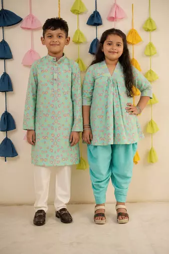 Blue block printed cotton dhoti kurta set & kurta pyjama brother sister matching combo