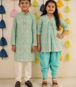 Blue block printed cotton dhoti kurta set & kurta pyjama brother sister matching combo
