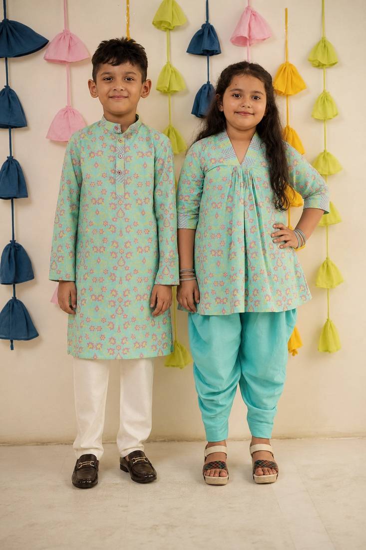 Blue block printed cotton dhoti kurta set & kurta pyjama brother sister matching combo